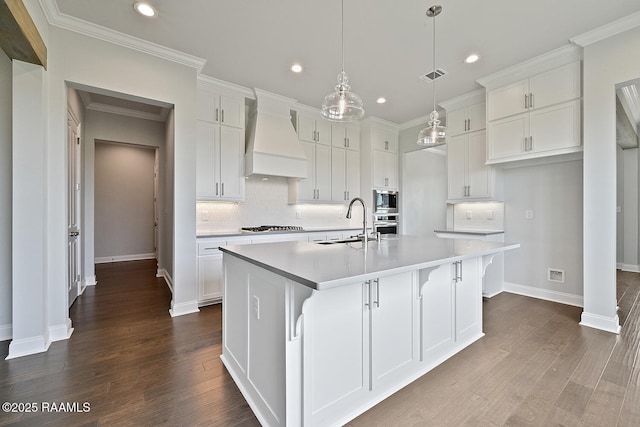 104 Manor House Ln, Lafayette, LA 70507 - kitchen featuring visible vents, a sink, premium range hood, decorative backsplash, and appliances with stainless steel finishes