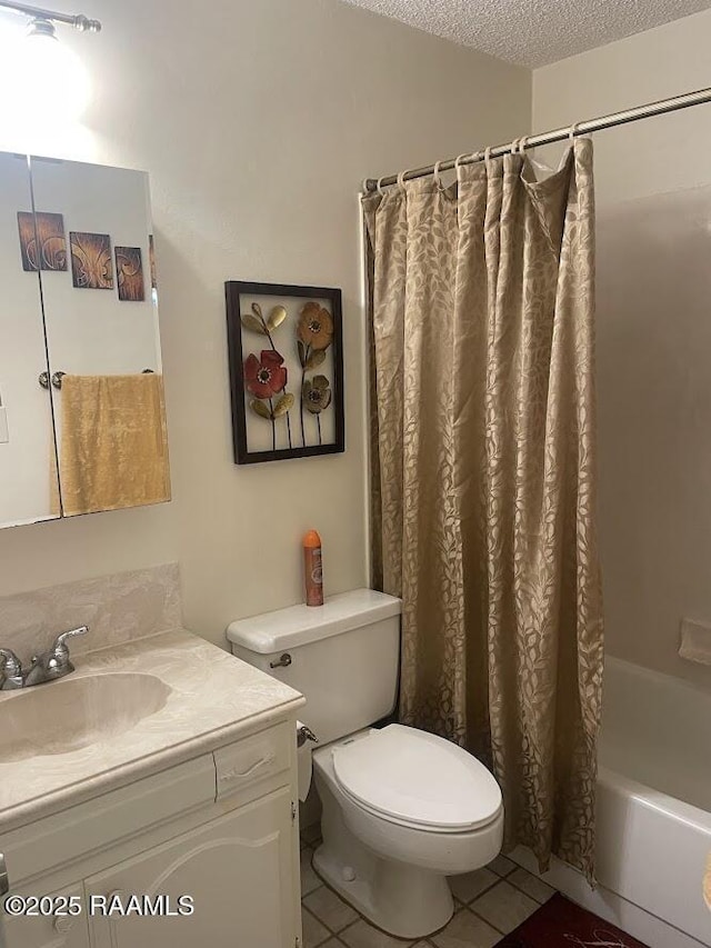 210 Essex St, Lafayette, LA 70506 - bathroom featuring tile patterned floors, shower / bathtub combination with curtain, toilet, vanity, and a textured ceiling