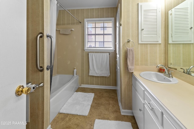 220 N Philo Dr, Lafayette, LA 70506 - bathroom featuring shower / bath combination, wallpapered walls, tile patterned floors, and vanity