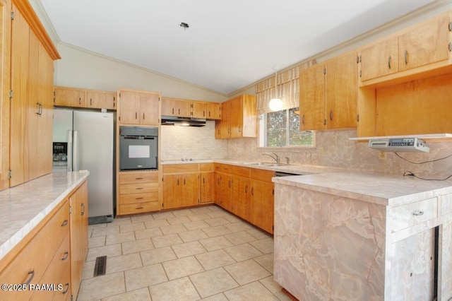 221 Beverly Dr, Lafayette, LA 70503 - kitchen with oven, under cabinet range hood, light countertops, decorative backsplash, and stainless steel refrigerator with ice dispenser