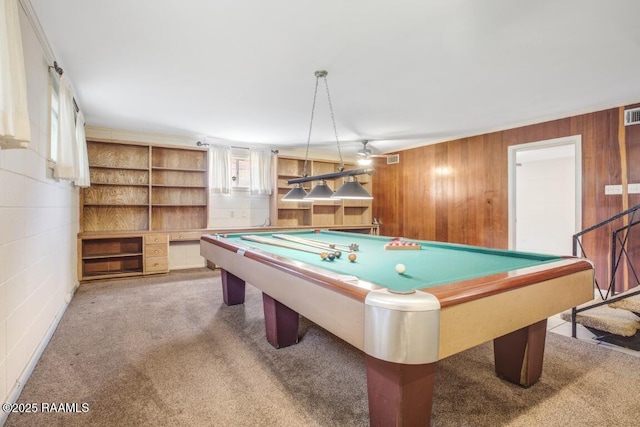 221 Beverly Dr, Lafayette, LA 70503 - playroom with wooden walls, carpet floors, pool table, and ornamental molding