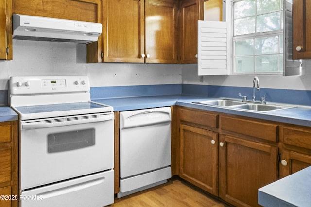 2318 Helen St, Abbeville, LA 70510 - kitchen with brown cabinetry, white appliances, light wood-type flooring, under cabinet range hood, and a sink
