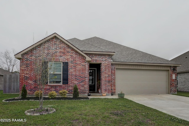 ranch-style house featuring an attached garage, driveway, brick siding, and roof with shingles