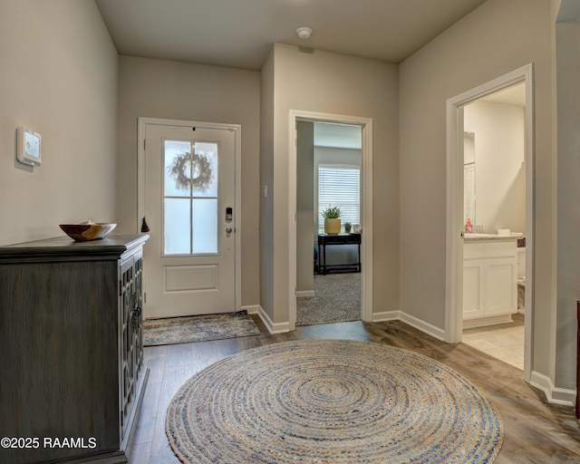 entrance foyer with baseboards and wood finished floors