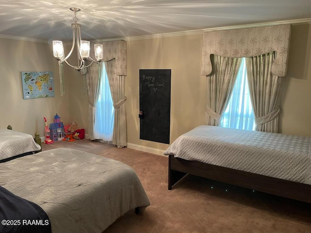 bedroom with carpet, baseboards, an inviting chandelier, and crown molding