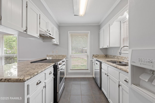 kitchen with stainless steel appliances, a sink, under cabinet range hood, white cabinets, and ornamental molding