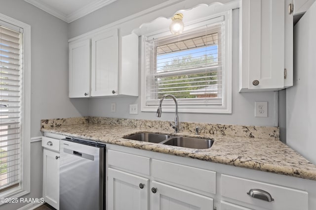 kitchen with dishwasher, a sink, white cabinets, ornamental molding, and light stone counters