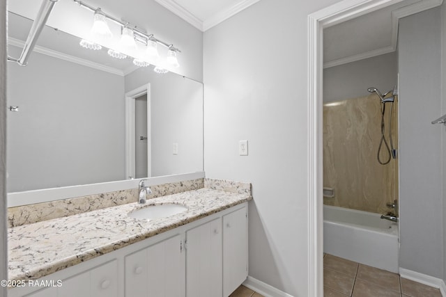 full bathroom featuring baseboards, vanity, tile patterned flooring, washtub / shower combination, and crown molding