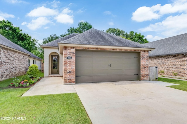 view of front of house featuring driveway, a shingled roof, brick siding, and a garage