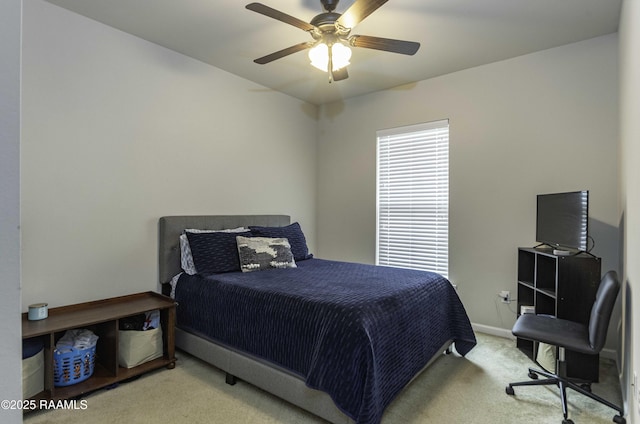 bedroom with carpet floors, ceiling fan, and baseboards