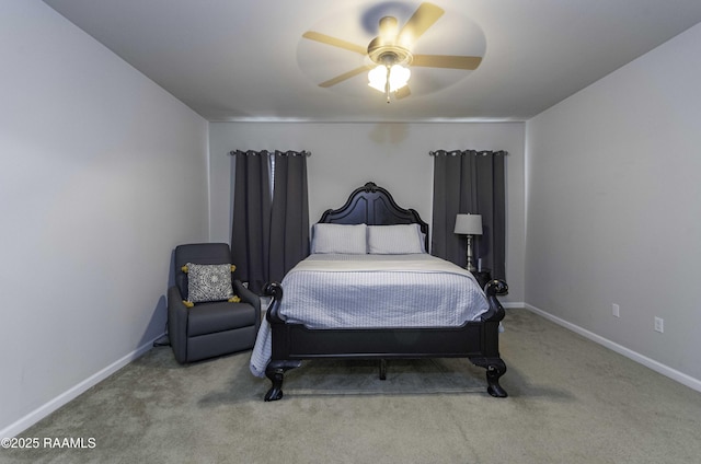 bedroom featuring baseboards, carpet, and ceiling fan