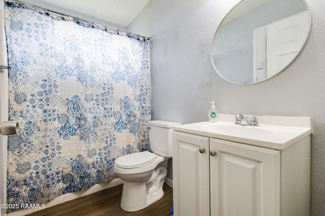 bathroom with a shower with curtain, wood finished floors, vanity, and toilet