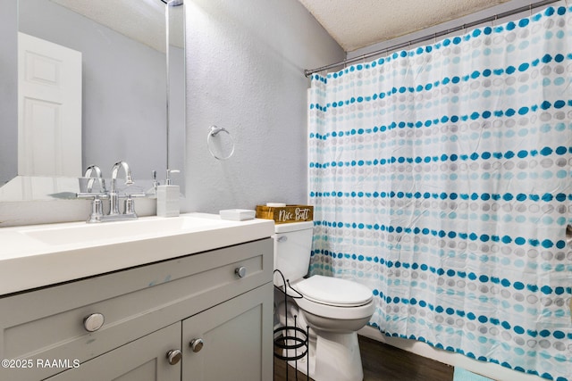 bathroom with wood finished floors, a textured ceiling, vanity, a textured wall, and toilet