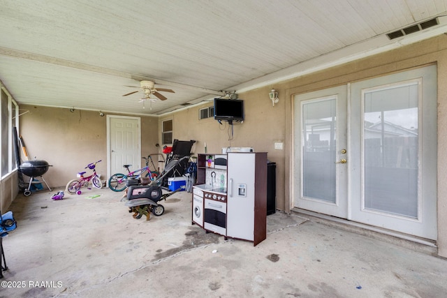 view of patio with a grill, ceiling fan, french doors, and visible vents