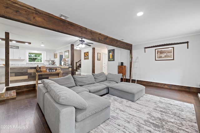 334 Meche Rd, Carencro, LA 70520 - living area with recessed lighting, stairs, dark wood-type flooring, crown molding, and baseboards