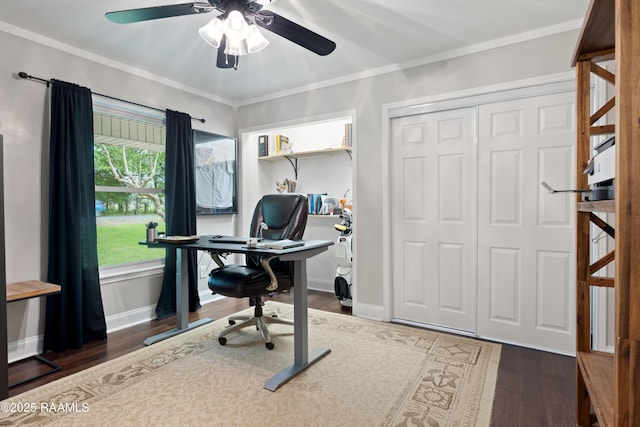 334 Meche Rd, Carencro, LA 70520 - office space with ceiling fan, wood finished floors, crown molding, and baseboards