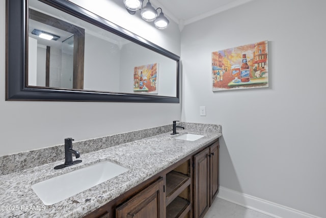 334 Meche Rd, Carencro, LA 70520 - bathroom with double vanity, baseboards, and ornamental molding