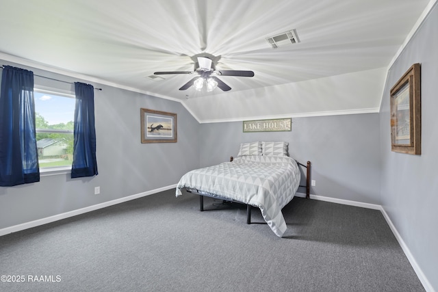 334 Meche Rd, Carencro, LA 70520 - bedroom featuring carpet floors, baseboards, vaulted ceiling, and ceiling fan