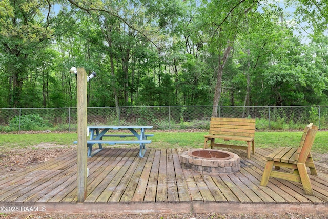 334 Meche Rd, Carencro, LA 70520 - wooden terrace featuring an outdoor fire pit and a fenced backyard