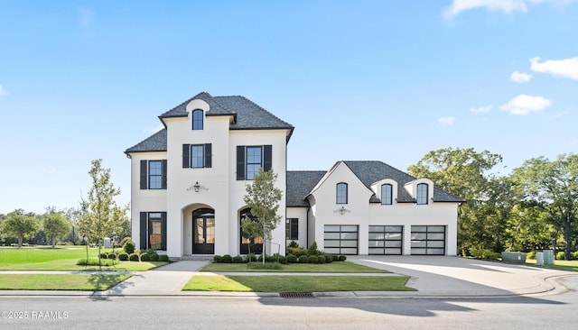 103 Arago Ct, Lafayette, LA 70508 - french country inspired facade featuring concrete driveway, stucco siding, a front yard, french doors, and a shingled roof