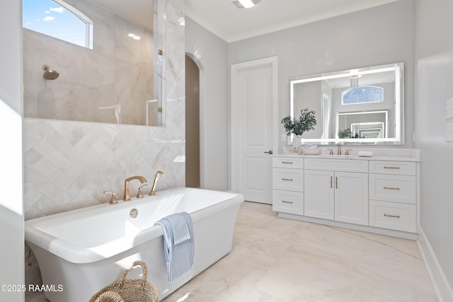 103 Arago Ct, Lafayette, LA 70508 - bathroom with a walk in shower, vanity, ornamental molding, and a soaking tub