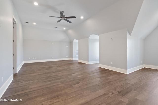 103 Arago Ct, Lafayette, LA 70508 - bonus room with lofted ceiling, a ceiling fan, recessed lighting, dark wood-style flooring, and baseboards