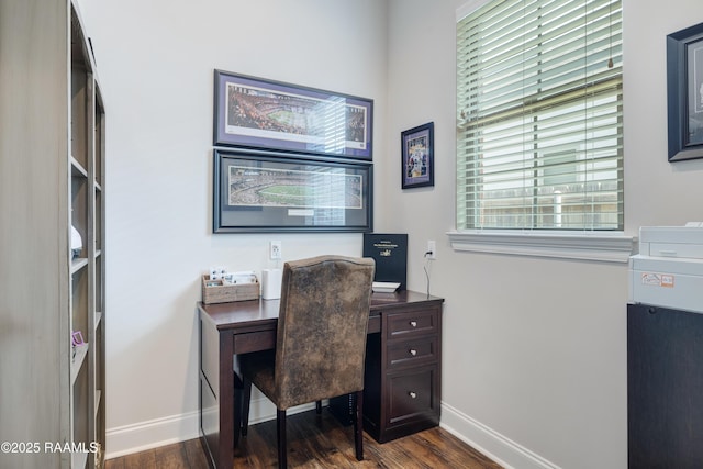 office space featuring baseboards, dark wood-style floors, and a wealth of natural light