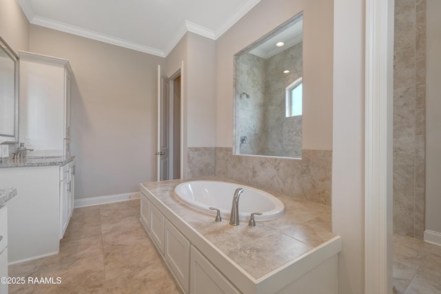 full bath with a bath, vanity, a walk in shower, and crown molding