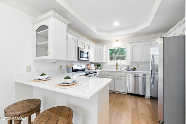 kitchen featuring white cabinets, a peninsula, appliances with stainless steel finishes, and a sink