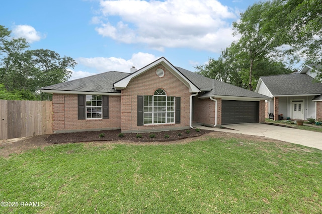 single story home with fence, an attached garage, a front lawn, brick siding, and concrete driveway