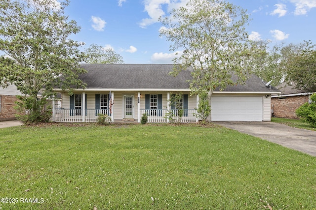 ranch-style home with a porch, a garage, roof with shingles, a front yard, and concrete driveway