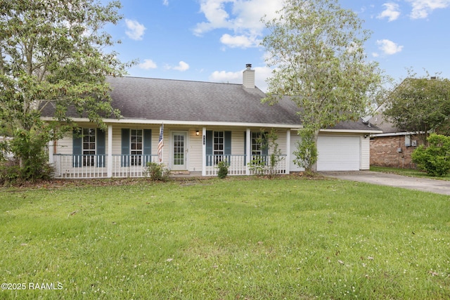view of front of house featuring a porch, a front yard, concrete driveway, and an attached garage