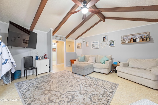 103 Failla Rd, Lafayette, LA 70508 - tiled living area featuring lofted ceiling with beams and ceiling fan