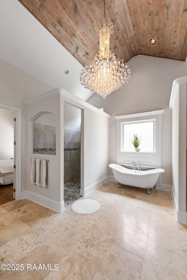 full bathroom featuring a walk in shower, high vaulted ceiling, a chandelier, wooden ceiling, and a soaking tub