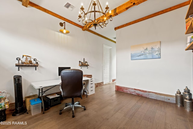 office area with beamed ceiling, a notable chandelier, wood finished floors, and visible vents