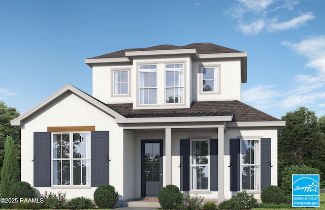 view of front of house with stucco siding, a standing seam roof, and metal roof