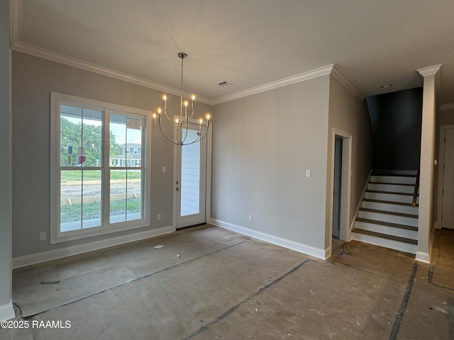 unfurnished dining area featuring stairway, a chandelier, plenty of natural light, and crown molding