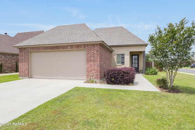 single story home with concrete driveway, an attached garage, a front lawn, and a shingled roof