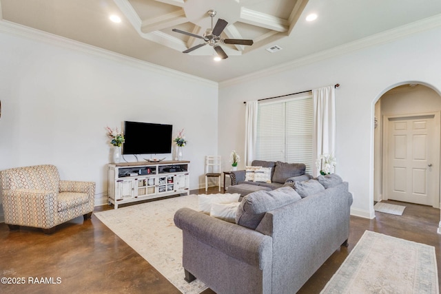 living area featuring arched walkways, visible vents, coffered ceiling, a ceiling fan, and concrete flooring