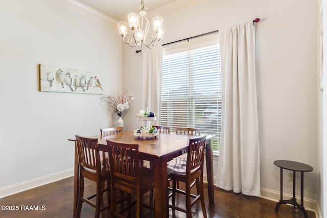 dining room featuring concrete flooring, crown molding, a chandelier, and baseboards