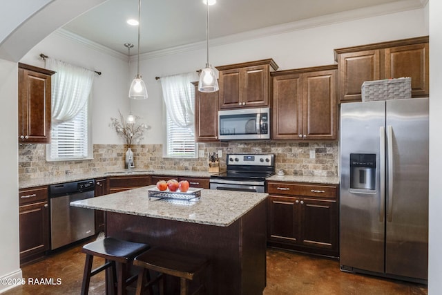 kitchen with a sink, arched walkways, a center island, finished concrete floors, and appliances with stainless steel finishes