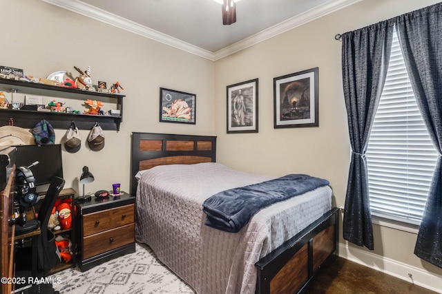 bedroom with baseboards, ceiling fan, and crown molding