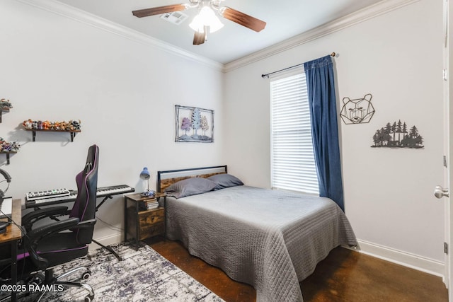 bedroom featuring visible vents, crown molding, baseboards, and ceiling fan