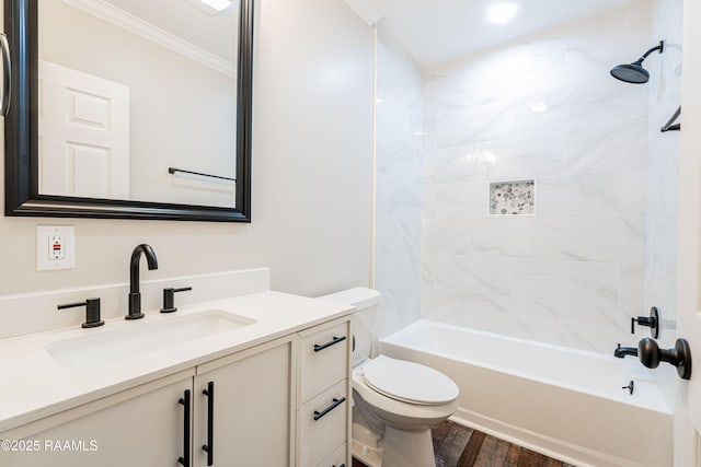 813 S Arenas St, Rayne, LA 70578 - full bath featuring toilet, shower / bath combination, wood finished floors, vanity, and ornamental molding
