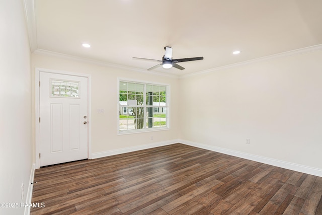 906 Priscilla Ln, Lafayette, LA 70501 - entrance foyer with a ceiling fan, dark wood finished floors, baseboards, ornamental molding, and recessed lighting