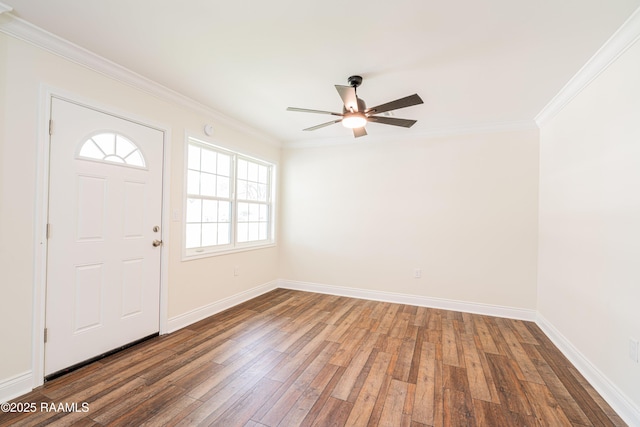 906 Priscilla Ln, Lafayette, LA 70501 - foyer featuring a ceiling fan, baseboards, hardwood / wood-style flooring, and crown molding