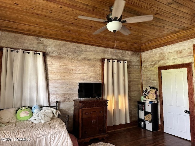 bedroom with wooden ceiling and dark wood-style floors