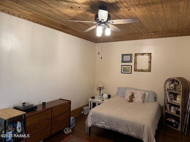 bedroom with baseboards, ceiling fan, wooden ceiling, and wood finished floors