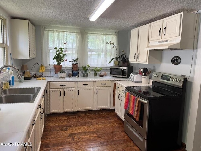 kitchen featuring a sink, a textured ceiling, dark wood finished floors, stainless steel appliances, and under cabinet range hood