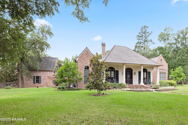 view of front of house with a front lawn, covered porch, a chimney, and brick siding